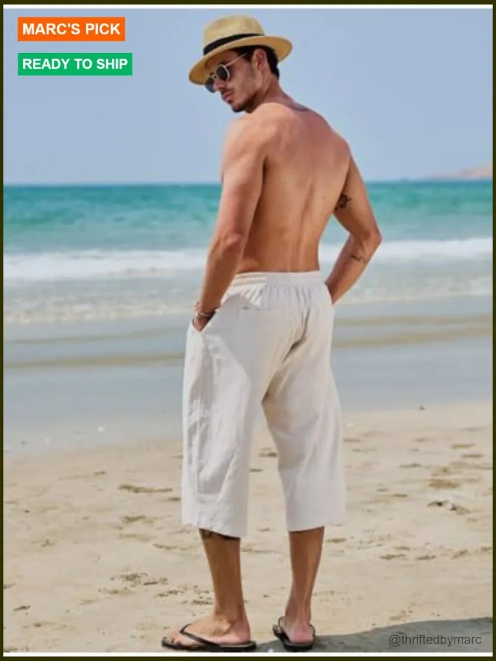 Men's Cotton Linen Capri Pants Elastic Waist Drawstring Loose Fit
